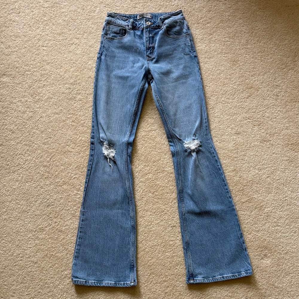 Zara Blue Distressed Flare Jeans